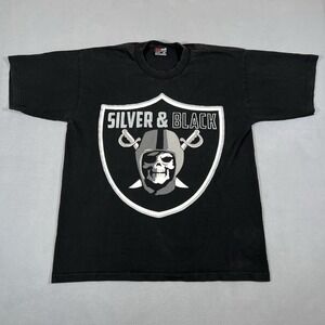 Vintage Oakland Raiders Skull T Shirt Mens XL Silver and Black Pirate Pro Tag